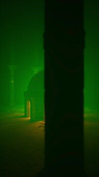 3D Rendered Mystical Golden Dome Sanctuary in Dark Green Cavern