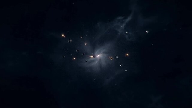Tracking shot of asteroids and cosmic debris swirling and orbiting around glowing nebula in deep outer space