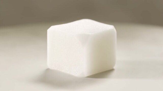 Slow dolly tracking close up of sugar cube resting on plain studio tabletop with soft daylight lighting and neutral background