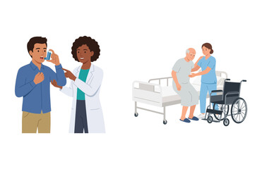 Obraz premium Medical illustrations showing doctor guiding asthma patient and nurse helping elderly man