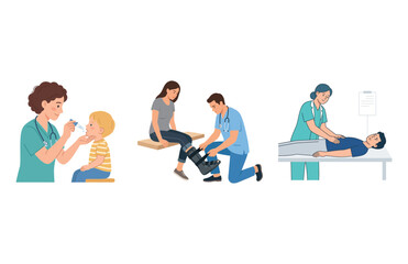 Naklejka premium Diverse Medical Examination and Injury Treatment Scenarios for Professional Healthcare Concepts