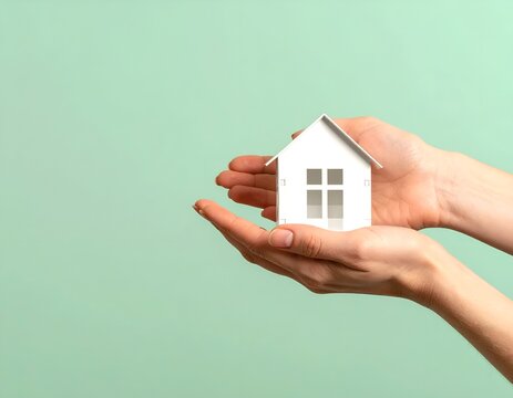 Hands cradle a miniature white house against a muted, mint-green backdrop