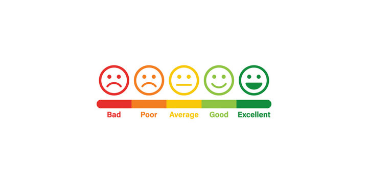 Feedback scale with colorful faces for satisfaction rating or customer experience survey.
