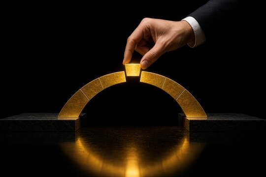 Hand placing keystone into golden arch bridge