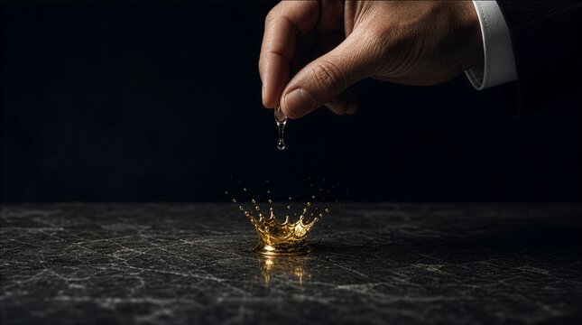 Hand dropping liquid creating golden crown splash