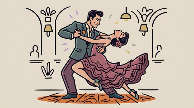 Elegant illustration capturing a romantic couple's passionate dance performance with rhythmic flair