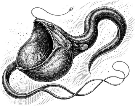 Vampire Squid with Long Filaments and Webbed Arms, Hand Drawn Black and White Engraving Style Marine Illustration