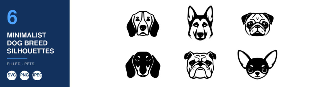 Dog Breed Silhouettes Nameplate with Minimalist Line Icons of Six Different Dog Faces for Pet Lovers and Design Projects
