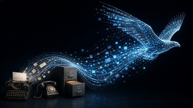 Digital transformation from vintage office tools to flying bird