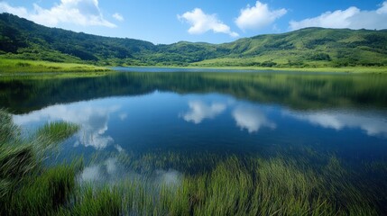 Naklejka premium Serene lake surrounded by lush green rolling hills