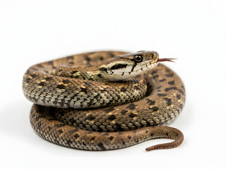 Fototapeta premium Coiled brown patterned snake with tongue out for wildlife concepts, isolated on white background