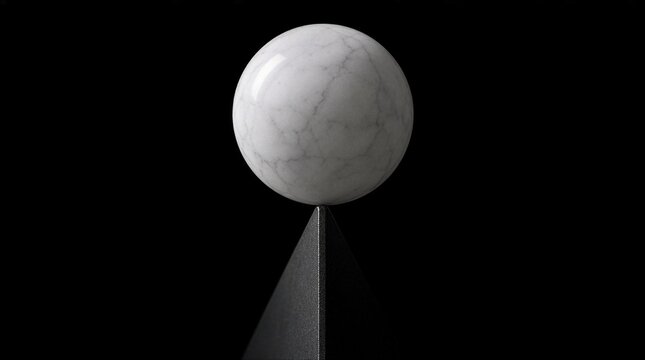 White Marble Sphere Balanced on a Black Pyramid Against a Dark Background