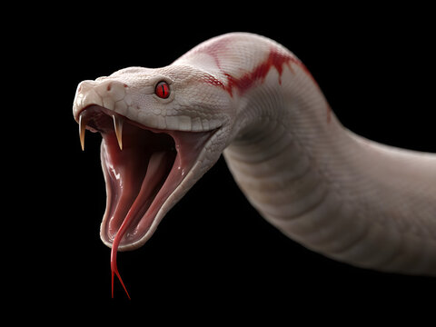 Albino white snake with open mouth and fangs for wildlife and danger concepts, isolated on black background