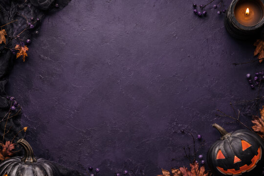 Moody Halloween scene with glowing jack o lanterns and rustic decorations on a textured backdrop. Ideal for invitations, promotions, editorials, and web headers.