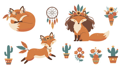 Fototapeta premium Collection of cute foxes in various poses decorated with flowers and feathers in a stylish bohemian or tribal style.