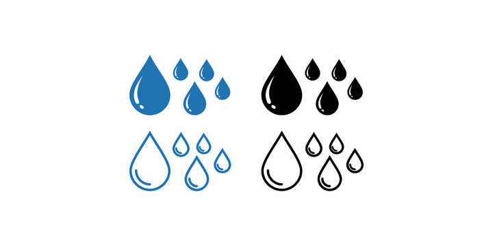 Set of water drop icons in solid and outline styles, blue and black colors.
