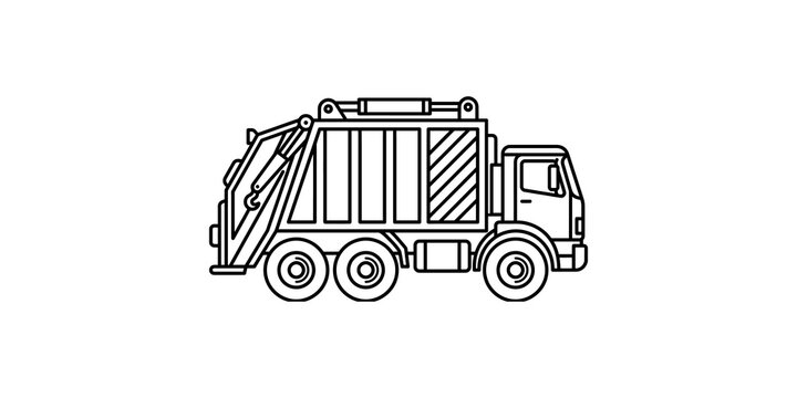 Outline illustration of modern garbage truck with lifting mechanism on transparent background.