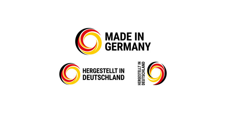 Set of isolated german flag circular logos featuring text made in germany and hergestellt in deutschland.