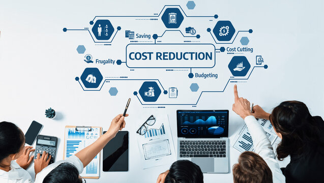 Explore effective cost reduction strategies for businesses through collaborative planning and analysis in an office setting, emphasizing budgeting and frugality for financial success. Amity