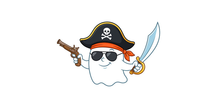 Cartoon pirate ghost character holding cutlass sword and flintlock pistol isolated on transparent background.