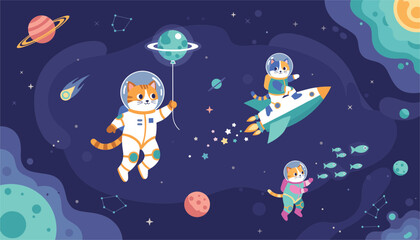 Naklejka premium Playful cartoon cats dressed as astronauts floating in outer space with rockets, planets, stars, and fish among the galaxies.