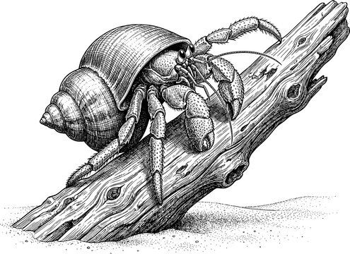 Hermit Crab Crawling on Driftwood, Hand Drawn Black and White Engraving Style Marine Illustration