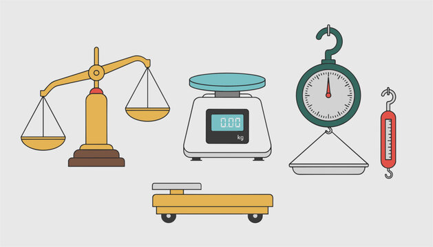 Assortment of measuring instruments including a balance scale, digital kitchen scale, spring scale, and platform scale on a gray backdrop.