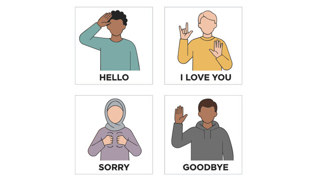 Diverse group of people demonstrating basic sign language gestures for hello, i love you, sorry, and goodbye in a grid layout.