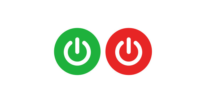 Set of green and red power button icons isolated on transparent background for interface design.