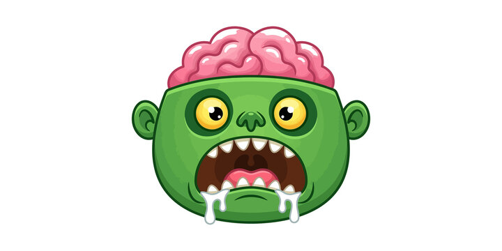 Creepy cute cartoon zombie head with exposed brain and drooling mouth on transparent background.