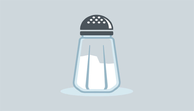 Simple illustration of a glass salt shaker with a metal cap containing fine white crystals against a clean minimalist light blue background.