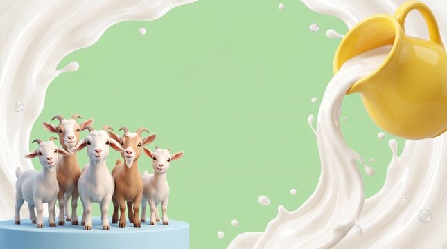 Healthy baby food template with cute 3d goats and pouring milk splash