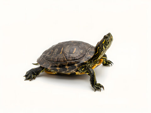 Red-eared slider turtle isolated on white background, small aquatic reptile pet.