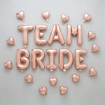 Rose gold foil balloons spelling team bride surrounded by small heart balloons on a light grey background