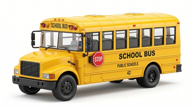 A realistic yellow school bus miniature toy model isolated on a white background representing educational transportation for students in grade school