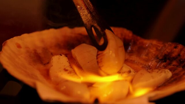 Grilling Fresh Scallops with Open Flame in Tokyo Street Market