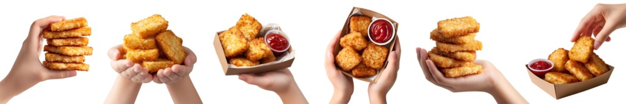 Set of hand holding julienned potatoes Hash hashed browns hashbrowns, takeout brown card box with ketchup sauce dip, pile stack, transparent cutout PNG Mockup