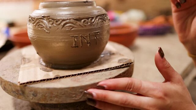 Artisan Hands Carving Intricate Patterns on Clay Pottery Jar
