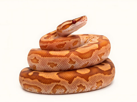 Coiled orange and brown boa constrictor snake for wildlife and pet concepts, isolated on white background