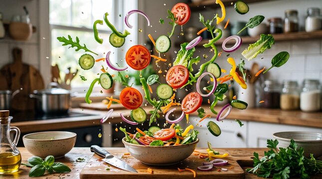 Fresh sliced vegetables exploding and flying out from a ceramic bowl on a wooden kitchen counter in mid-air freeze motion