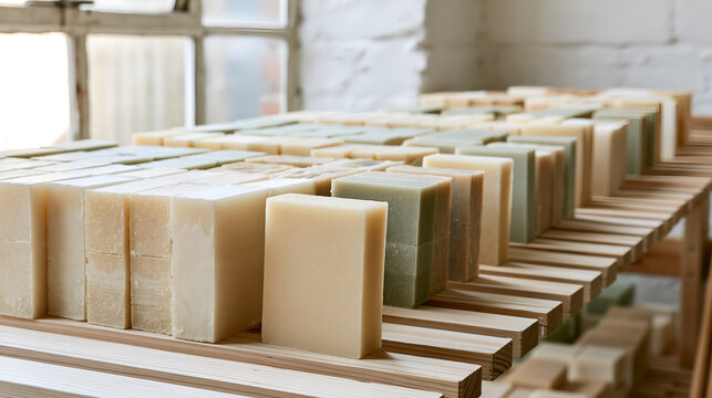 Rows of handmade soap bars curing on pale wooden racks