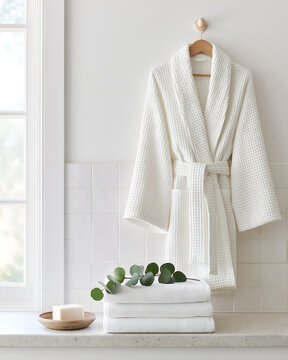 White robe and folded towels in a bright clean bathroom