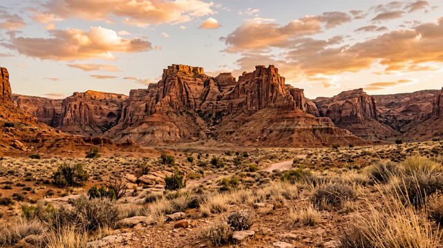 Wild West desert landscape, featuring majestic rocky plateaus rising from the arid terrain, 4K video
