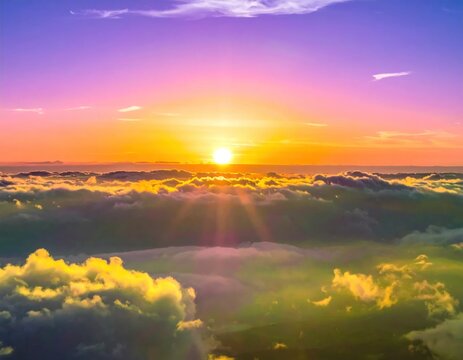 Aerial view of golden sunrise over cloud layer.