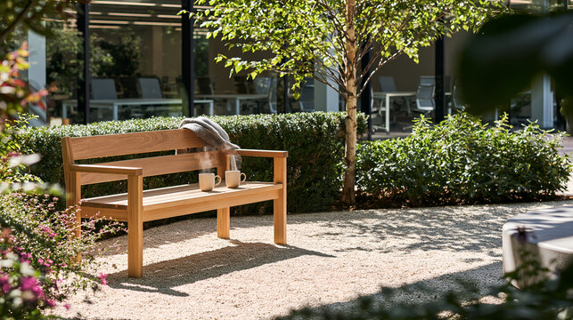 Two mugs on a sunlit bench in a small office courtyard