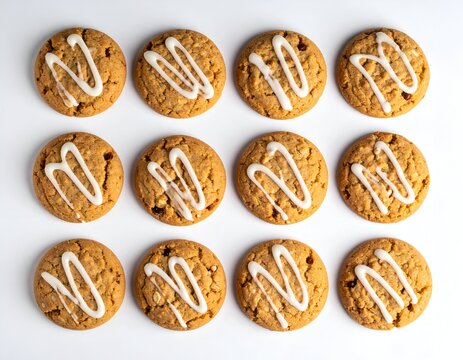 Twelve round cookies in a 3x4 grid with white icing drizzle on a plain white backdrop