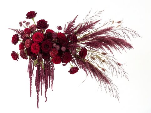 Stunning floral arrangement of deep red roses and burgundy botanical elements, including hanging amaranthus and ornamental grasses, isolated on white background