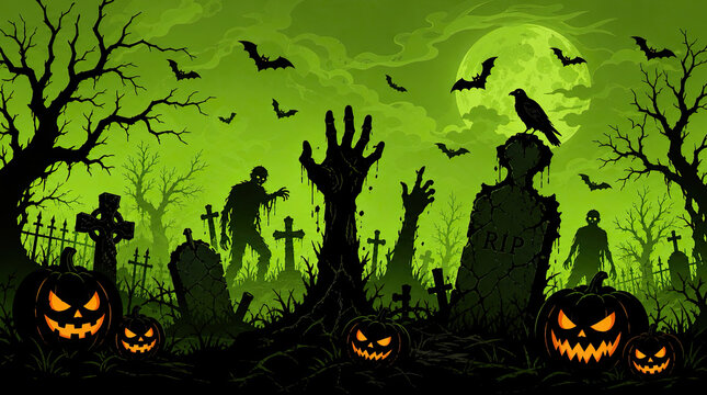 Scary cemetery at night with zombies, rising hands, pumpkins, bats and a raven against a green full moon background for Halloween holiday design.