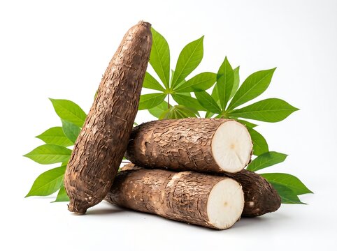 Fresh cassava root with leaves isolated on white background