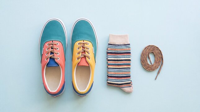 Colorful Sneakers Flat Lay with Rolled Socks and a Shoelace